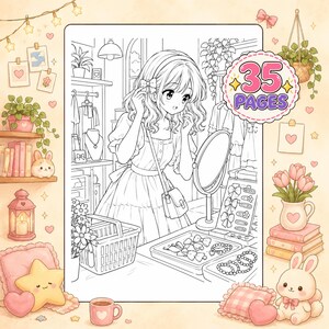 May include: A black and white coloring page featuring a character in a shop with a mirror, accessories, and a basket. The text 35 PAGES is displayed in a circular badge. The scene includes shelves with clothing, jewelry, and various decorative items.