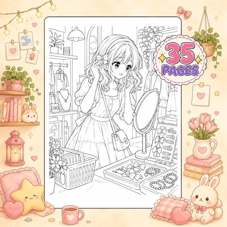 May include: A black and white coloring page featuring a character in a shop with a mirror, accessories, and a basket. The text 35 PAGES is displayed in a circular badge. The scene includes shelves with clothing, jewelry, and various decorative items.
