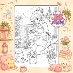 May include: A coloring book page featuring a line art illustration of a person kneeling and watering potted plants on a balcony. The image includes a circular badge with the text 35 PAGES. The scene is surrounded by decorative elements like hearts, plants, books, and a bunny.