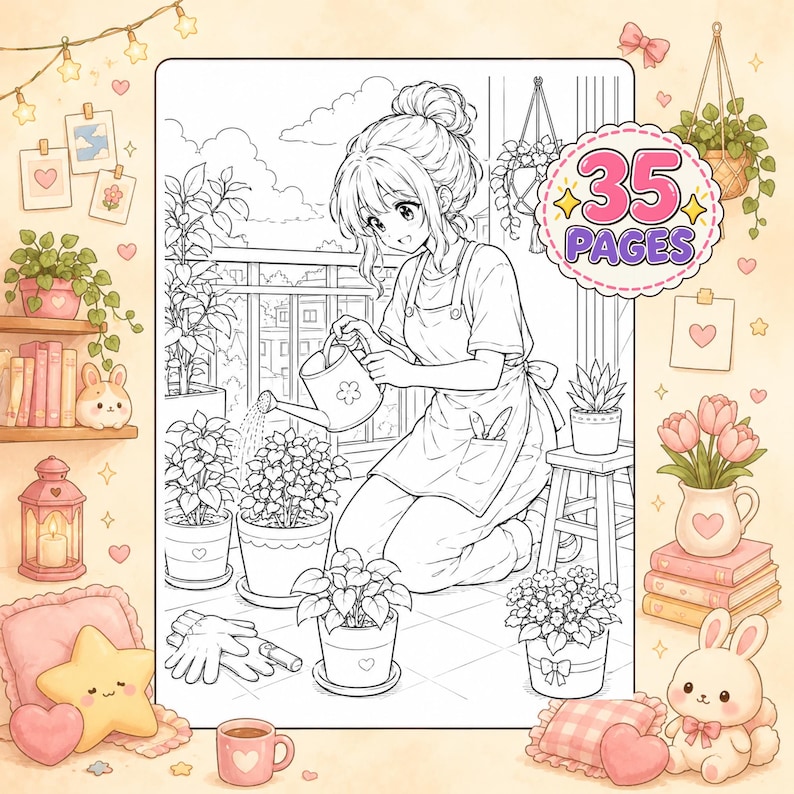 May include: A coloring book page featuring a line art illustration of a person kneeling and watering potted plants on a balcony. The image includes a circular badge with the text 35 PAGES. The scene is surrounded by decorative elements like hearts, plants, books, and a bunny.