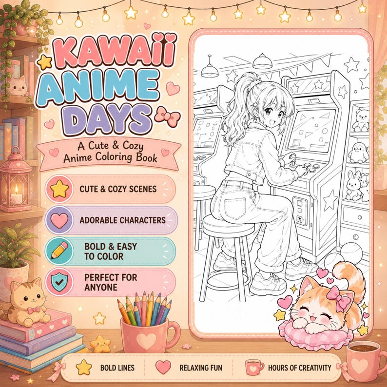 May include: A coloring book titled Kawaii Anime Days featuring a line art illustration of a character playing an arcade game. The cover includes text, a cup of colored pencils, a stack of books, and a small cat illustration in soft pastel tones.