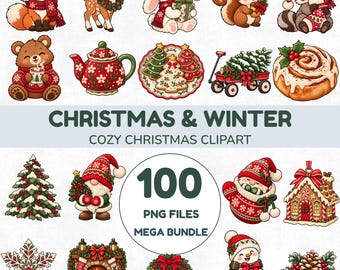 Christmas Clipart Mega Bundle PNG | 100 Cozy Winter Designs, Gingerbread, Gnomes, Woodland Animals & Snowmen | Commercial Use
