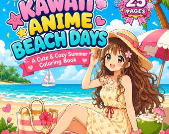 Kawaii Anime Strandmålarbok, Sommarflickamålarbilder, Söt Animemålarbok, Utskrivbar PDF, Digital Nedladdning