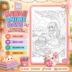 May include: A coloring book titled Kawaii Anime Days featuring a line art illustration of a person having a picnic under a tree. The cover includes text, a pink border, a small cat, a pencil holder with colored pencils, and a rabbit holding a strawberry.