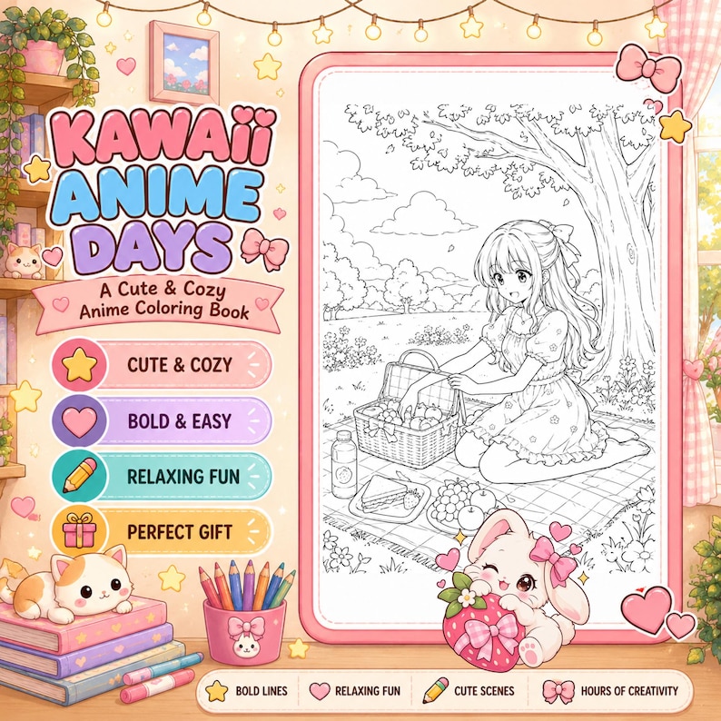May include: A coloring book titled Kawaii Anime Days featuring a line art illustration of a person having a picnic under a tree. The cover includes text, a pink border, a small cat, a pencil holder with colored pencils, and a rabbit holding a strawberry.