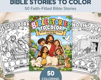 May include: A coloring book titled Bible Stories to Color featuring 50 faith-filled Bible stories. The cover shows a colorful illustration of a figure with children, a lamb, and a rabbit. Two black and white pages show Jesus is Born and Noah's Ark.