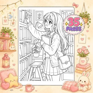May include: A coloring book page featuring a line art illustration of a person with glasses reaching for a book on a library shelf, standing on a step stool. The image includes a circular badge with the text 35 PAGES, surrounded by decorative elements like potted plants, books, a lantern, and a plush rabbit.