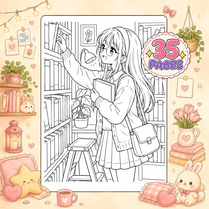 May include: A coloring book page featuring a line art illustration of a person with glasses reaching for a book on a library shelf, standing on a step stool. The image includes a circular badge with the text 35 PAGES, surrounded by decorative elements like potted plants, books, a lantern, and a plush rabbit.