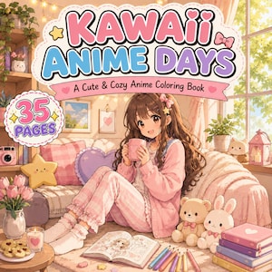 May include: A coloring book titled Kawaii Anime Days A Cute & Cozy Anime Coloring Book with 35 pages. The cover features an anime character in pink pajamas holding a mug, surrounded by plush toys, colored pencils, and a book in a cozy room.