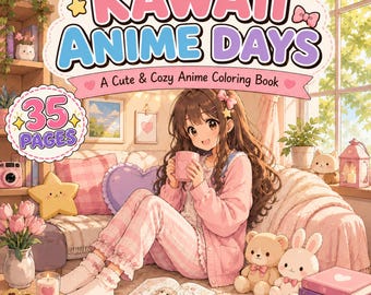 Mysig Anime-målarbok | Söta Kawaii Animeflickor-målarbilder | Utskrivbar Anime-målarbok | Digital nedladdning