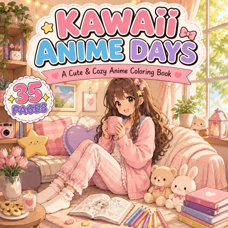 May include: A coloring book titled Kawaii Anime Days A Cute & Cozy Anime Coloring Book with 35 pages. The cover features an anime character in pink pajamas holding a mug, surrounded by plush toys, colored pencils, and a book in a cozy room.
