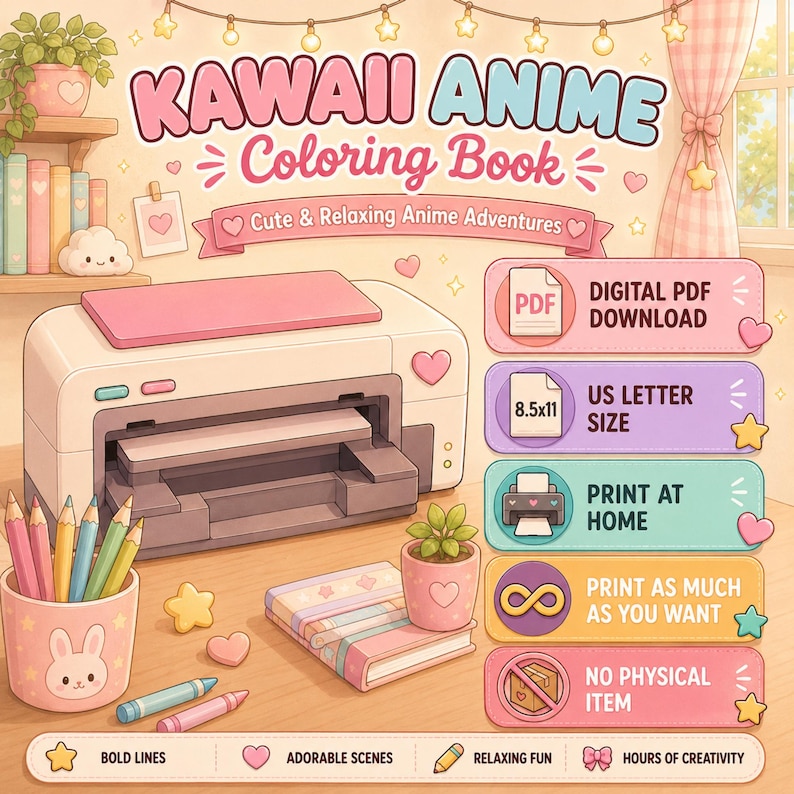 May include: A digital Kawaii Anime Coloring Book featuring a printer, colored pencils in a bunny cup, and a small plant. The graphic includes text: Kawaii Anime Coloring Book, Cute & Relaxing Anime Adventures, Digital PDF Download, 8.5x11 US Letter Size, Print at Home, Print as Much as You Want, No Physical Item, Bold Lines, Adorable Scenes, Relaxing Fun, Hours of Creativity.
