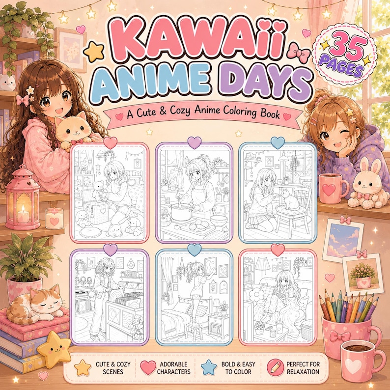 May include: A coloring book titled Kawaii Anime Days featuring 35 pages of illustrations. The cover displays two anime-style characters, a cat, a rabbit, and six framed line art scenes showing characters in cozy indoor settings with soft pastel colors.