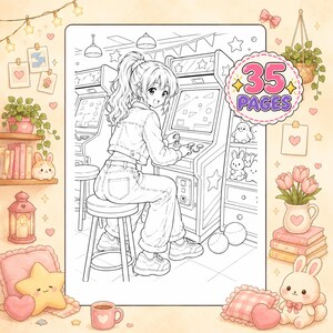 May include: A coloring book page featuring a line art illustration of a person with a ponytail sitting on a stool playing an arcade game. The image includes a circular badge with the text 35 PAGES and various decorative elements like plants, books, and plush toys.