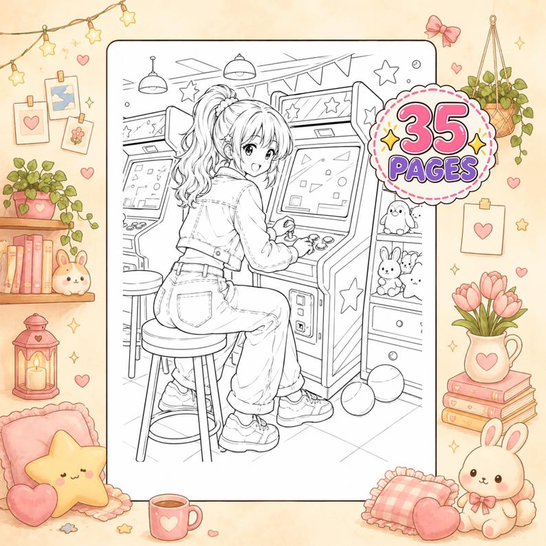 May include: A coloring book page featuring a line art illustration of a person with a ponytail sitting on a stool playing an arcade game. The image includes a circular badge with the text 35 PAGES and various decorative elements like plants, books, and plush toys.