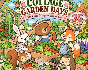 Målarbok för trädgårdsskötsel, målarbilder för Cottagecore, mysig stugträdgård, växthus och grönsaksträdgård utskrivbar PDF
