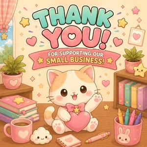 May include: A thank you card featuring a cute cartoon cat holding a pink heart. The text reads THANK YOU! FOR SUPPORTING OUR SMALL BUSINESS! The illustration includes pastel-colored books, a pink mug, a pencil, and a cup with a rabbit face.