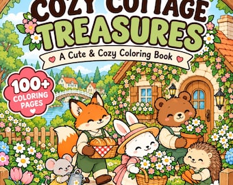 Cottagecore målarbok, 105 mysiga stugmålarbilder, djärva och enkla skogsdjur, utskrivbar PDF för vuxna och tonåringar
