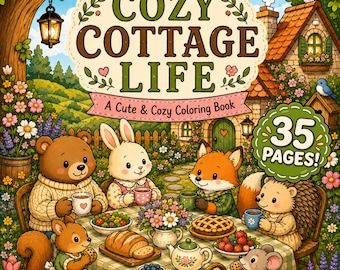 May include: A coloring book titled Cozy Cottage Life featuring a garden scene with a bear, rabbit, fox, hedgehog, squirrel, and mouse at a table with food. The cover text reads Cozy Cottage Life A Cute & Cozy Coloring Book and 35 PAGES!
