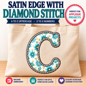 May include: A beige canvas tote bag featuring a large letter C applique with a floral pattern of blue flowers and yellow accents. The letter has a dark grey satin edge with a white diamond stitch border. Text includes SATIN EDGE WITH DIAMOND STITCH.