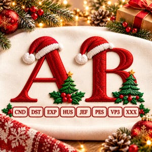 Può includere: Un ricamo su tessuto bianco raffigurante le lettere A e B in rosso, ciascuna sormontata da un cappello da Babbo Natale. Alberi di Natale verdi e bacche di agrifoglio decorano le lettere. Sotto, otto riquadri rettangolari riportano CND, DST, EXP, HUS, JEF, PES, VP3, XXX.