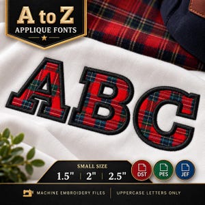 Op de afbeelding: Machineborduurwerk applicatieletters A, B en C in een rood, groen en blauw ruitpatroon met zwarte satijnsteekranden op witte stof. Tekst bevat A to Z APPLIQUE FONTS, SMALL SIZE 1.5", 2", 2.5", DST, PES, JEF en MACHINE EMBROIDERY FILES.
