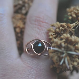 May include: A handcrafted ring with a dark, round gemstone set in a copper-colored wire design. The ring's design features a central stone surrounded by a series of interconnected loops. The ring is shown on a finger, with dried flowers in the background.