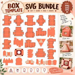 Puede incluir: Una colección digital de plantillas de cajas con varias formas planas de color naranja troqueladas para manualidades. La imagen incluye etiquetas de texto como BOX TEMPLATE, SVG BUNDLE y formatos de archivo PDF, PNG, SVG, EPS, AI, junto a tres fotos de cajas montadas.