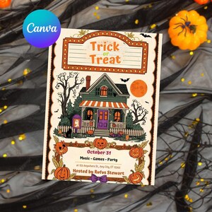 May include: A rectangular Halloween party invitation featuring a green house with a purple door, surrounded by pumpkins, bare trees, and a full moon. The text reads Trick or Treat, October 31, Music-Games-Party, at 123 Anywhere St, Any City, ST 12345, Hosted by Rufus Stewart.
