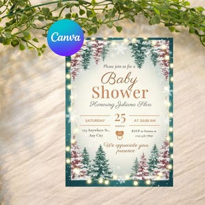 May include: A rectangular baby shower invitation card featuring a winter theme with snow-covered pine trees, glowing string lights, and snowflakes. The text reads: Please join us for a Baby Shower Honoring Juliana Silva, Saturday 25 March at 10:00 AM.