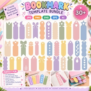 May include: A digital bookmark template bundle featuring over 30 colorful, die-cut shapes including bows, flowers, stars, and cats. The graphic displays various pastel-colored bookmark designs in JPG, PNG, SVG, EPS, and AI formats with text.