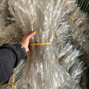 May include: A large bundle of long, thin, translucent, and flexible strips made of a clear material. The strips are gathered together and secured in the centre with a thin, bright yellow rubber band, creating a fan-like shape at the top.