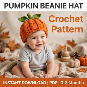 Crochet Pumpkin Beanie PDF Pattern | Newborn Photo Prop 0-3 Months | Halloween Fall Baby Shower Gift | Instant Download