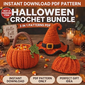 Halloween Crochet Patterns Bundle 3 in 1 | Pumpkin Basket Candy Bag, Witch Hat & Pumpkin Beanie Hat | PDF Digital Download