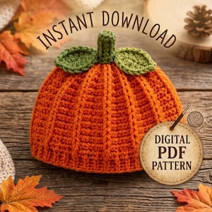 Pumpkin Baby Hat Crochet Pattern PDF | Newborn Beanie with Stem & Leaves | Fall Photo Prop