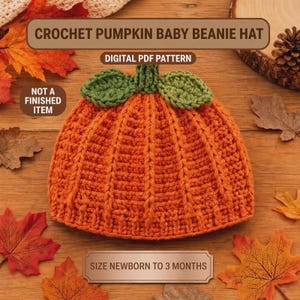 Pumpkin Baby Hat Crochet Pattern PDF | Newborn Halloween Hat | 0-3 Months Baby Beanie Pattern | Fall Newborn Photo Prop | PDF Only