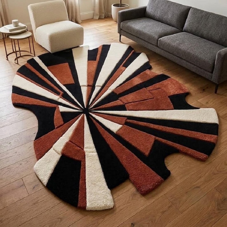 Sunburst Abstract Wool Rug | Irregular Shape Modern Boho Rug Black Rust ...