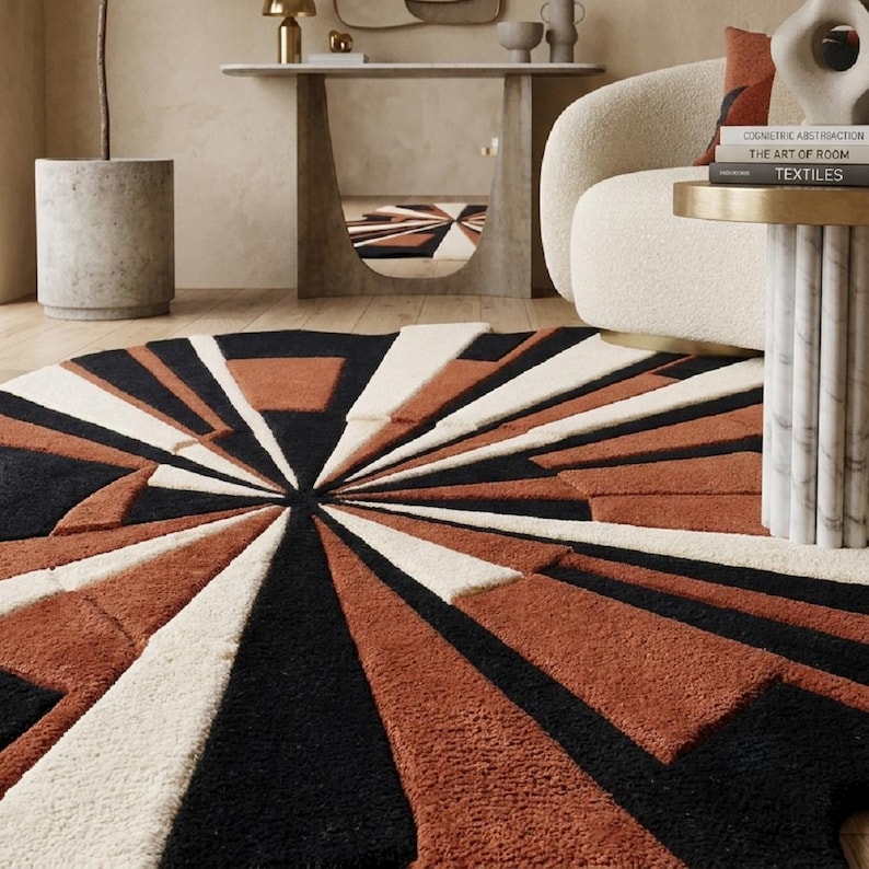 Sunburst Abstract Wool Rug | Irregular Shape Modern Boho Rug Black Rust ...