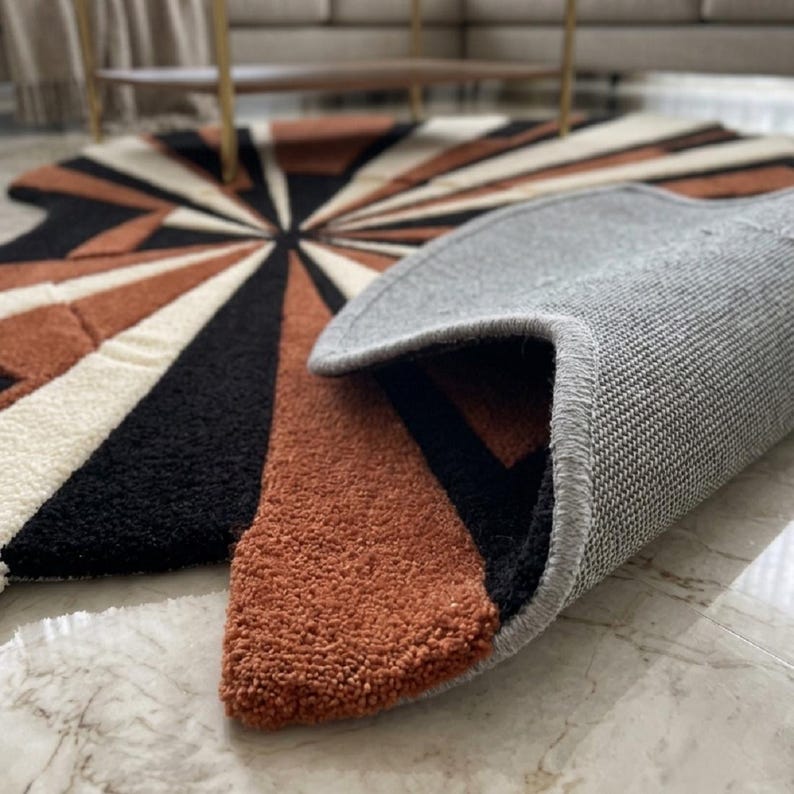 Sunburst Abstract Wool Rug | Irregular Shape Modern Boho Rug Black Rust ...