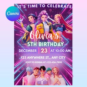 May include: A digital birthday invitation poster featuring three animated characters at the top and five at the bottom against a purple neon background. Text reads: IT'S TIME TO CELEBRATE, Olivia's 5TH BIRTHDAY, DECEMBER 23 AT 10:00 AM, 123 ANYWHERE ST., ANY CITY, RSVP TO DONNA AT +123-456-7890.