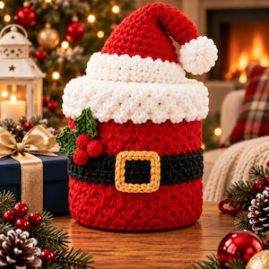 May include: A cylindrical crochet container designed to resemble a Santa Claus suit. The base is red with a black belt and a yellow buckle. The top features a white textured trim and a red crochet Santa hat with a white pom-pom and holly leaves.