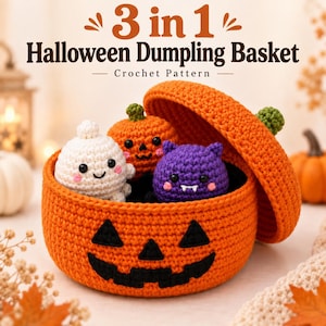 May include: A crochet pattern for a 3 in 1 Halloween Dumpling Basket featuring a large orange pumpkin-shaped basket with a lid, containing three small crocheted figures: a white ghost, an orange pumpkin, and a purple bat with fangs.