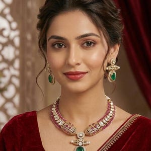 Peut inclure: Un collier doré avec un pendentif central en pierre ovale verte, orné de petites pierres blanches et de rangées de pierres roses. Des boucles d'oreilles assorties sont incluses, chacune présentant une pierre verte ovale et des détails blancs.
