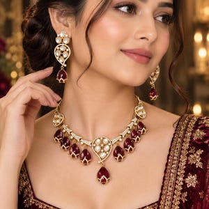 May include: A gold-toned necklace and matching drop earrings set featuring deep red, pear-shaped stones and small white accents. The necklace has a central teardrop pendant with a series of smaller matching drops along the chain, all set in gold.