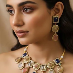 May include: A gold-toned necklace and matching drop earrings featuring a series of square and teardrop-shaped gemstones in shades of deep blue, soft pink, and translucent white, all framed by small white stones set in a metallic gold-colored base.