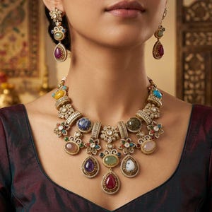 May include: A gold-toned statement necklace and matching drop earrings featuring an array of multi-colored cabochon gemstones including purple, green, blue, yellow, and pink stones, all set in intricate metalwork with small clear accent crystals.
