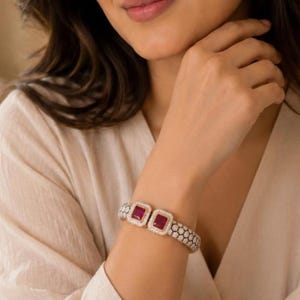Pink Ruby Gemstone Cuff Bangle, Silver Tone Statement Bracelet, Indian Jewelry, Pink Stone Bracelet, Elegant Ethnic Bangle, Bridal Gift