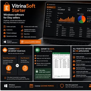 Może przedstawiać: Oprogramowanie Windows VitrinaSoft Starter dla sprzedawców Etsy wyświetlone na ekranie laptopa. Interfejs pokazuje pulpit nawigacyjny z danymi sprzedaży, wykresami i listami zamówień. Dodatkowe panele szczegółowo opisują funkcje, takie jak połączenie z Etsy i eksport do Excela.