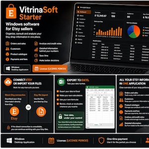Puede incluir: Software de Windows VitrinaSoft Starter para vendedores de Etsy mostrado en una pantalla de portátil. La interfaz muestra un panel con datos de ventas, gráficos y listas de pedidos. Paneles adicionales detallan funciones como conexión a Etsy y exportación a Excel.