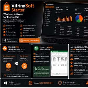 Peut inclure: Logiciel Windows VitrinaSoft Starter pour vendeurs Etsy affiché sur un écran d'ordinateur portable. L'interface présente un tableau de bord avec des données de vente, des graphiques et des listes de commandes. Des panneaux détaillent les fonctionnalités.